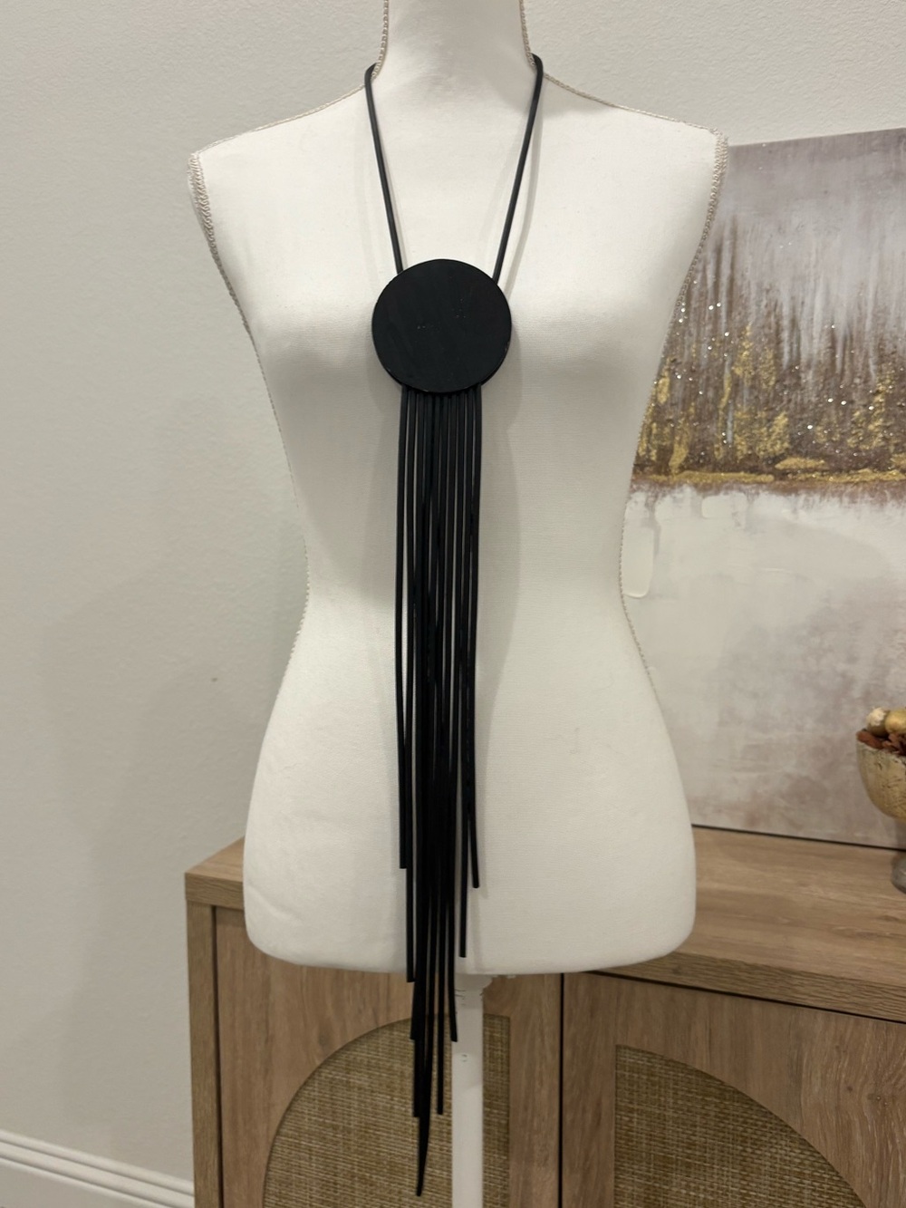 Long Black Fringe Circle Pendant Necklace